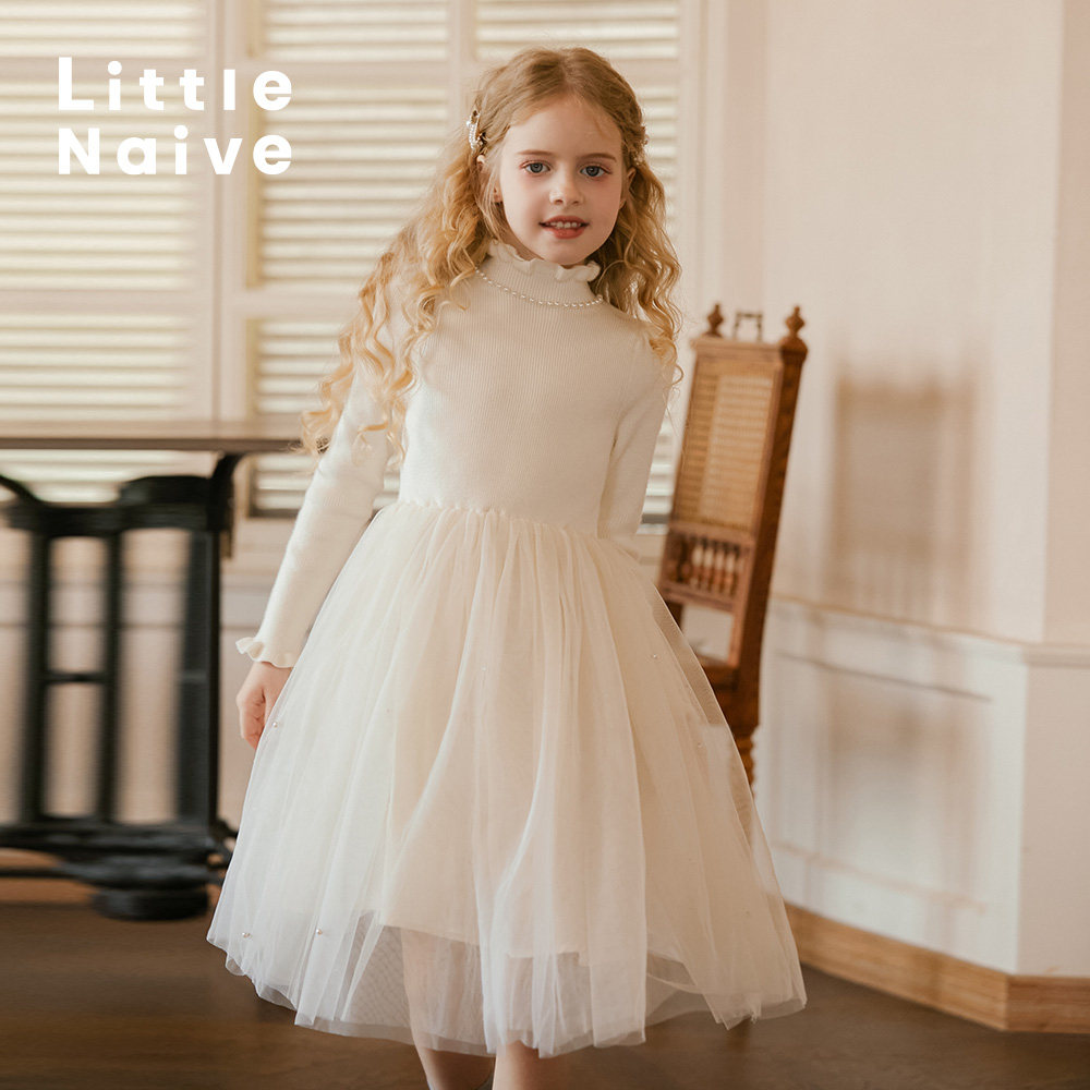 Вязаное платье с юбкой для девочек LittleNaive, весенне-осеннее новое платье с жемчужным воротником, детское сетчатое платье принцессы
