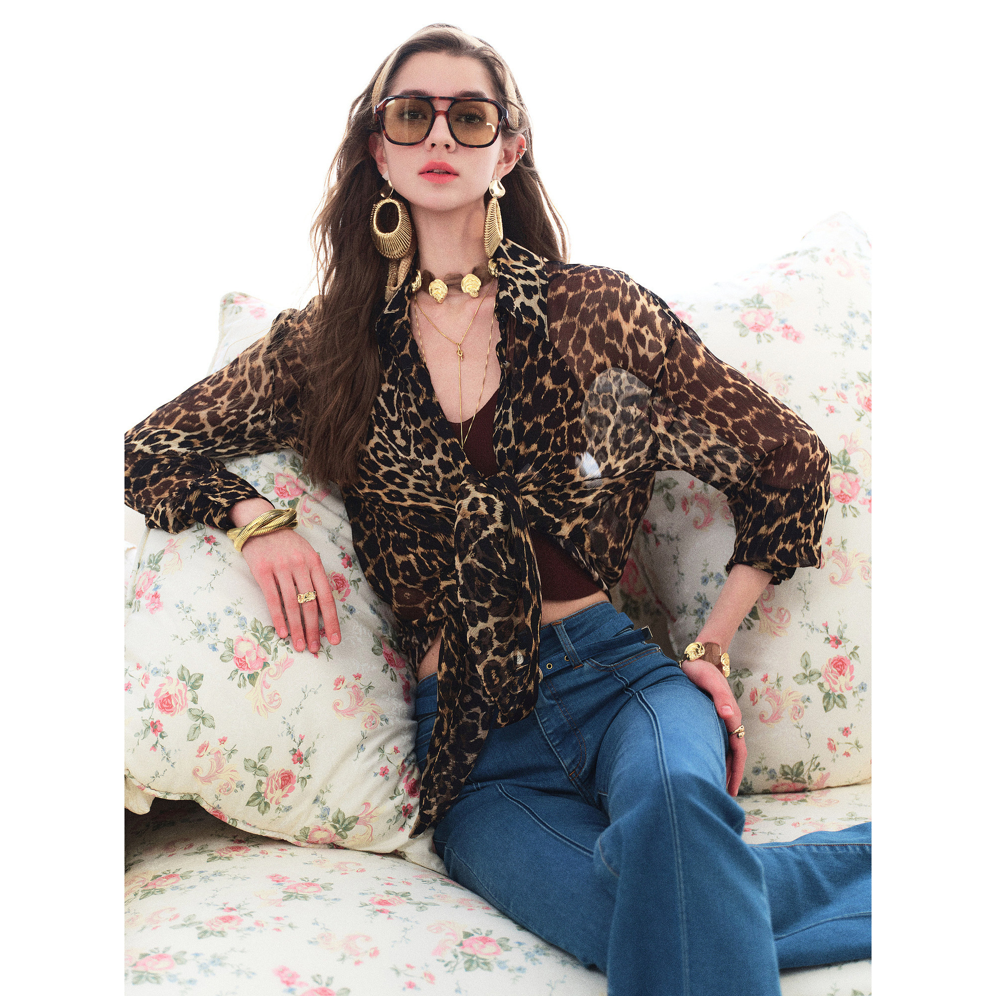 ANNASPEAK Flowy Silk Leopard Print Resort Shirt with Ribbon / Crepe Silk Pants