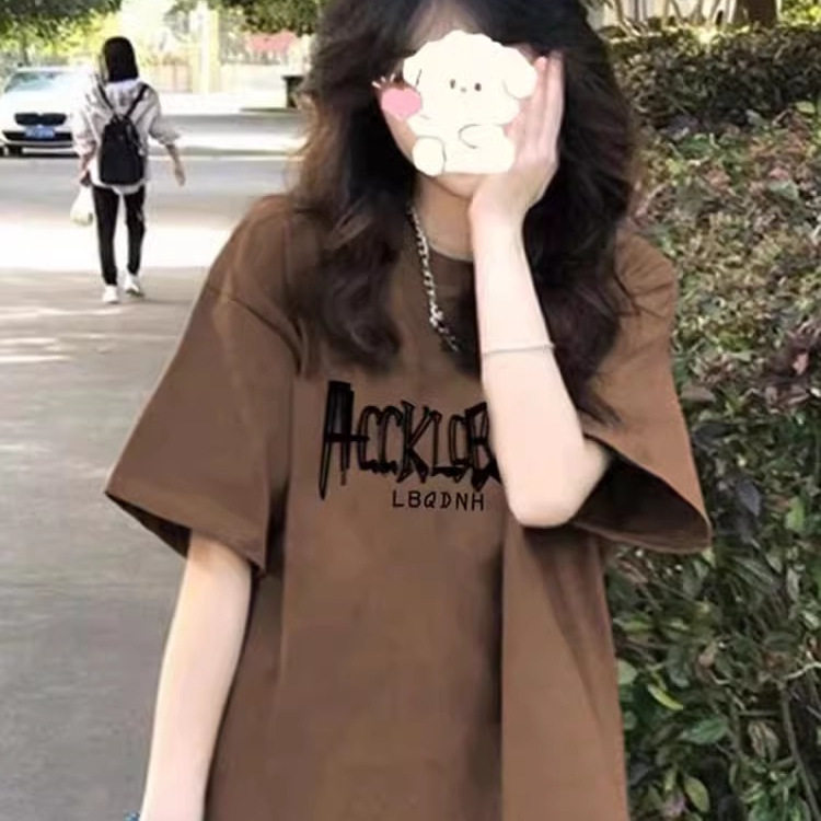 Pure cotton brown short sleeved T-shirt for women 2025 new popular summer American loose design, niche half sleeved top