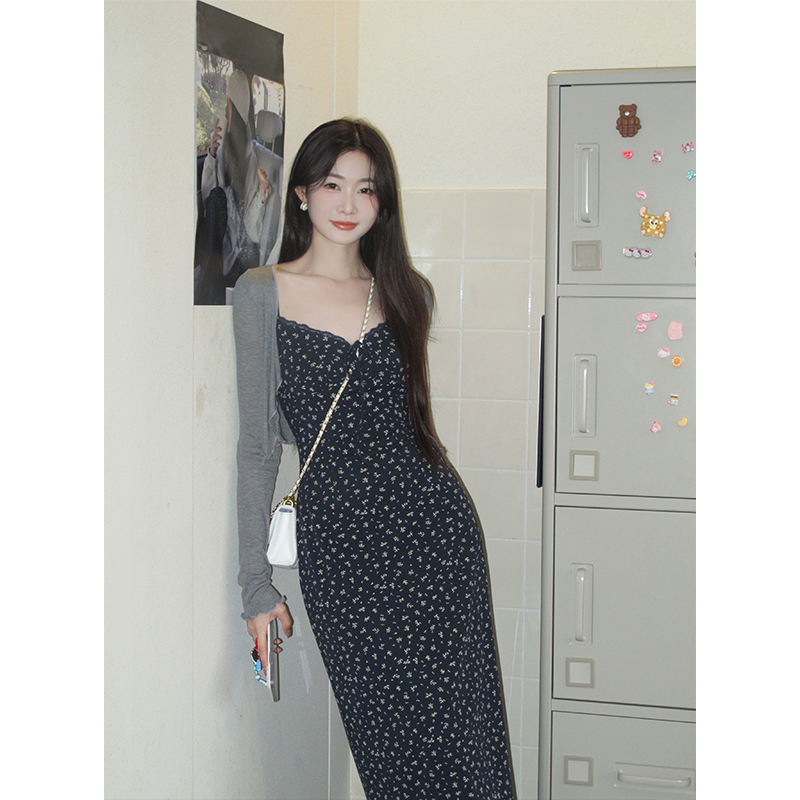 Корейская версия ретро-вязаного платья на подтяжках, женская летняя тонкая юбка в цветочек