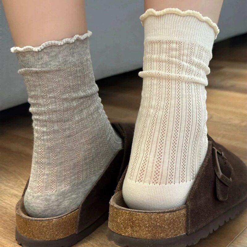 Socks for women summer thin mesh hollow breathable cotton socks Korean ins solid color mid tube socks for wearing outside long socks pile socks