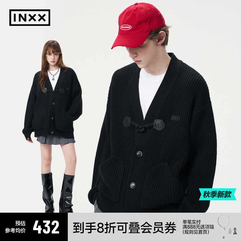 【INXX】 Простой черный свитер с V-образным вырезом, мужской свитер в стиле колледжа с роговой пряжкой, свободный кардиган, свитер для пары