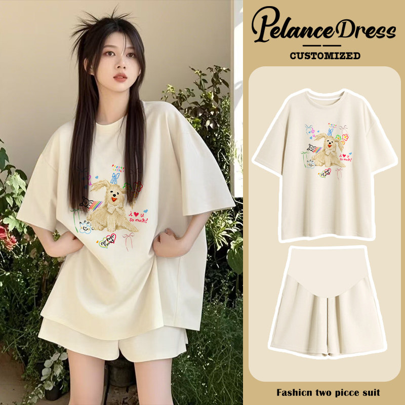 Pregnant women's casual set summer thin 2026 lazy style printed short sleeved shorts for pregnant women to wear sports two-piece set