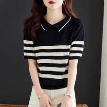 Ice silk knitted short sleeved t-shirt for women's summer 2024 new thin and stylish oversized doll neck black and white striped top