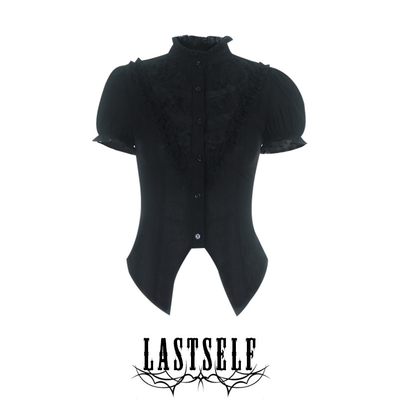 Lastself Black Swan Retro Chic Puff Sleeve Shirt, Gothic Collar, Waist-cinching Lace Trim Top