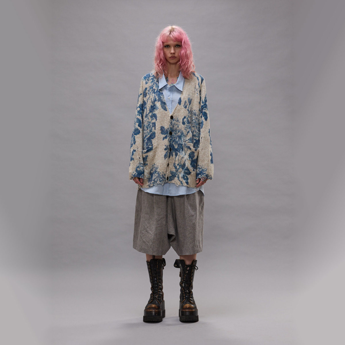 R13 2026 Early Autumn New Arrival Loose-fitting Drop-shoulder Fashionable Frayed Hem Design Printed Knit Cardigan