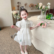 Girls' Princess Dress 2024 New Little Girl Chinese Style Dress Children's Bubble Sleeve Mesh Dress Summer Dress