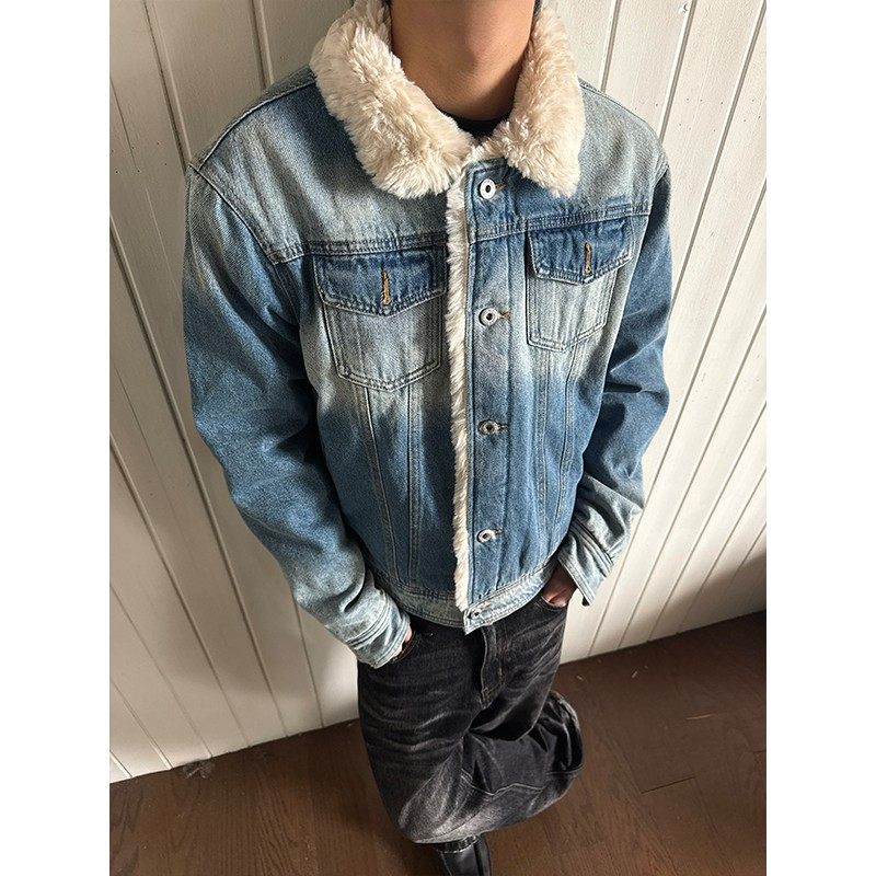 Джинсовая куртка Danny из овечьего флиса EME distressed для мужчин и женщин, чтобы согреться зимой, хлопчатобумажная куртка в клетку с отстрочкой