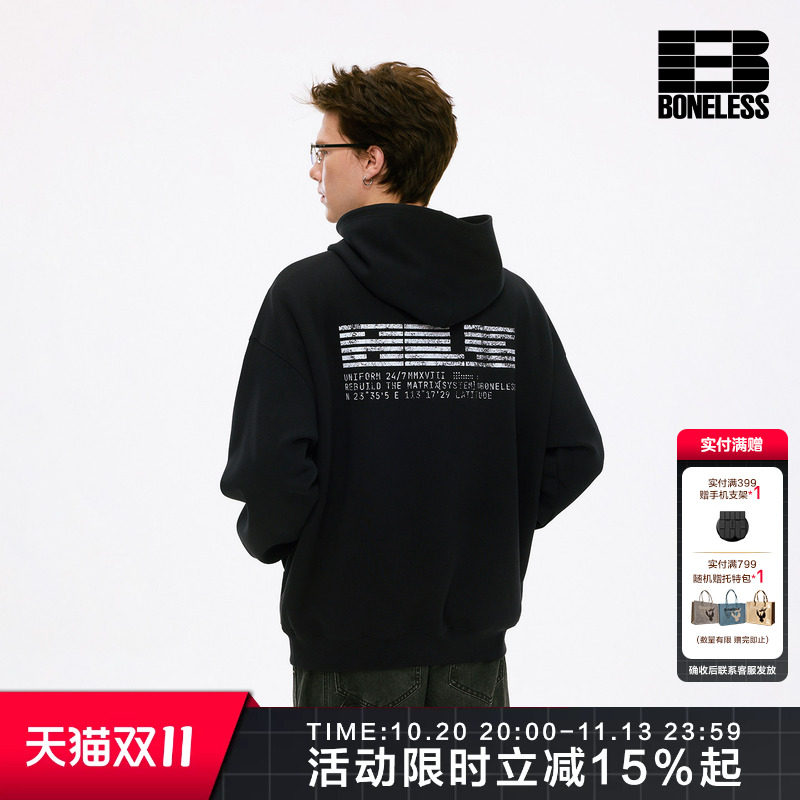 BONELESS保暖防风空气层字母印花连帽卫衣美式复古潮牌街头上衣