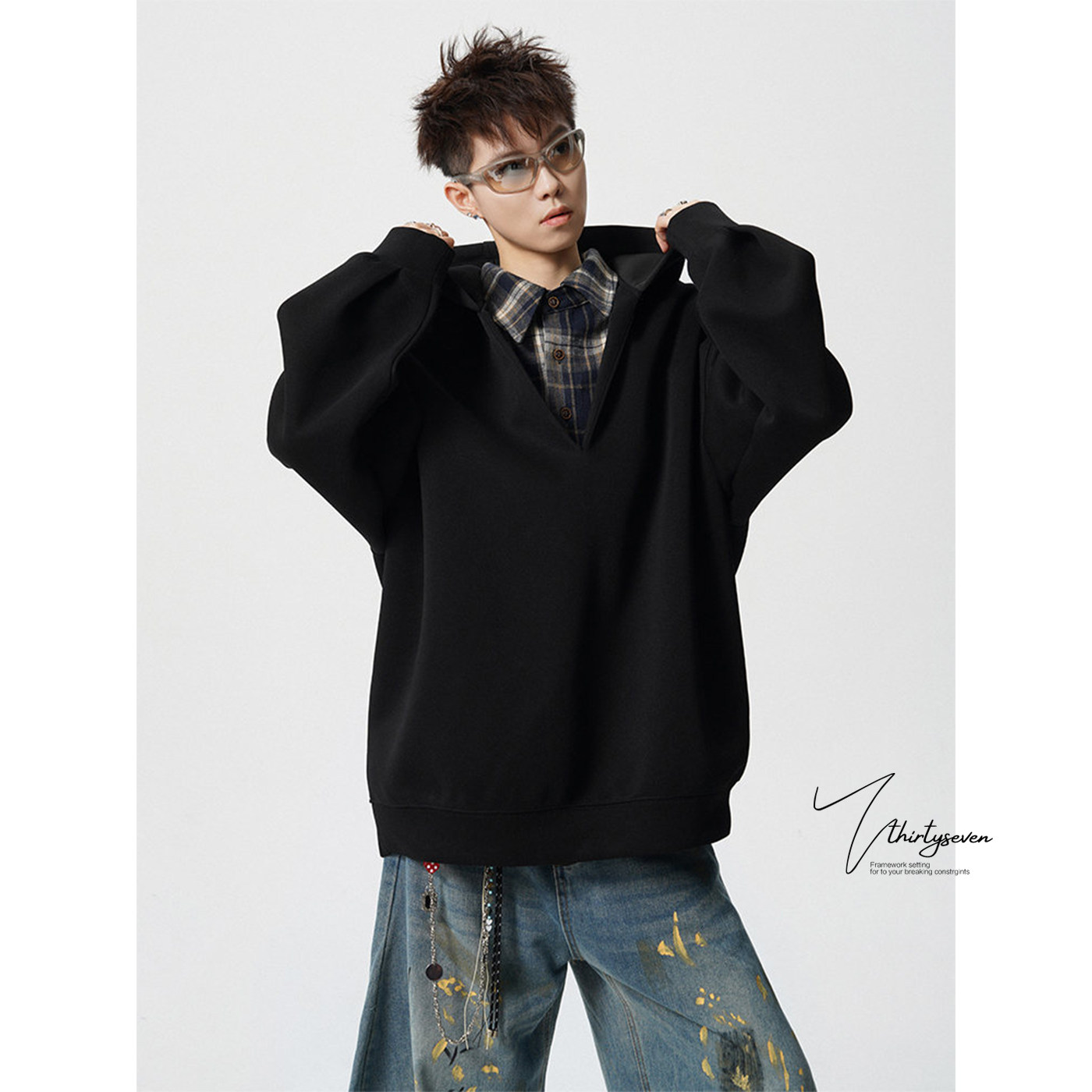 V37美式假两件格子衬衫连帽卫衣男秋季潮牌宽松休闲情侣上衣外套