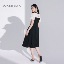 Wandian black patchwork short sleeved dress for summer new French Hepburn style small black dress with square collar 1232N30RJ3