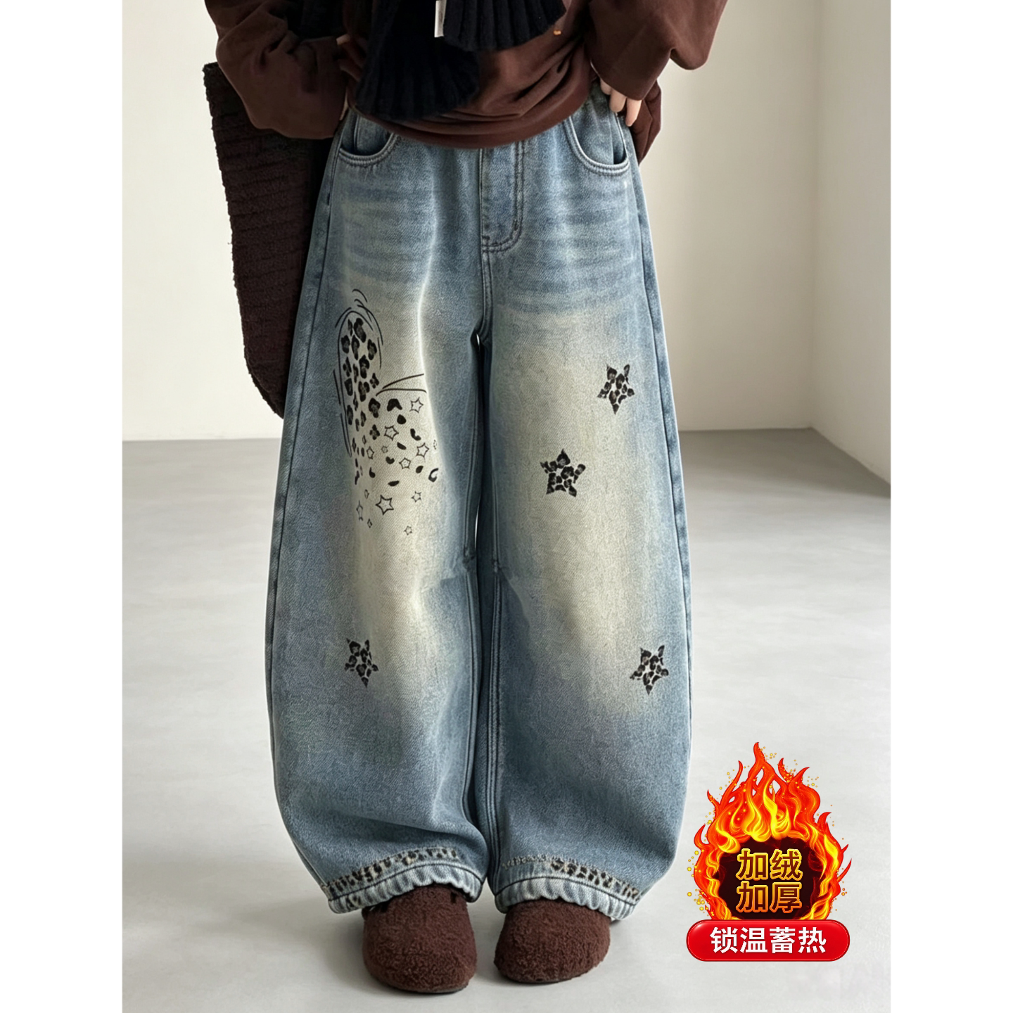 Бархатные джинсы для девочек плюс размер, новинка зимы 2026 года, штаны-ятаганы с леопардовым принтом для девочек, утепленные детские зимние свободные штаны