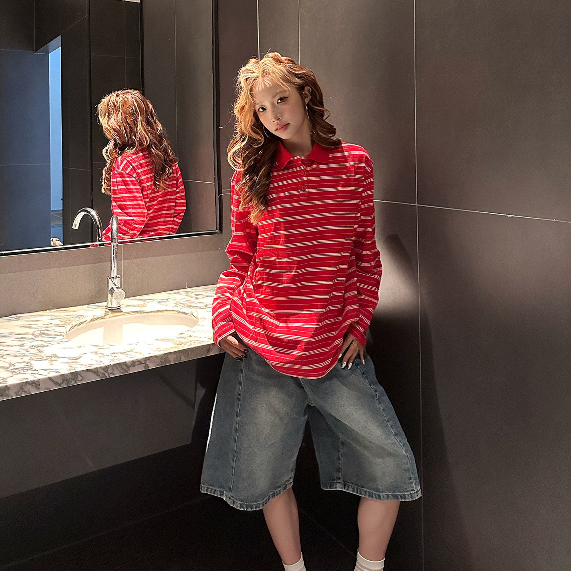 American lazy color-blocking red striped Polo neck long-sleeved T-shirt retro niche loose casual versatile lapel top