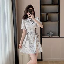 Ink painting improvement cheongsam women's summer new FJN0323 style Chinese style disc chiffon dress bubble sleeve drawstring A-line