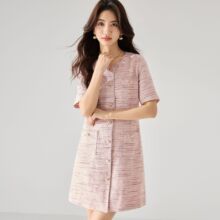 GARRY QUEEN Pink Qianjin Feng Xiao Xiang Feng Short sleeved Dress French Commuter Style Elegant Waist A-line Dress