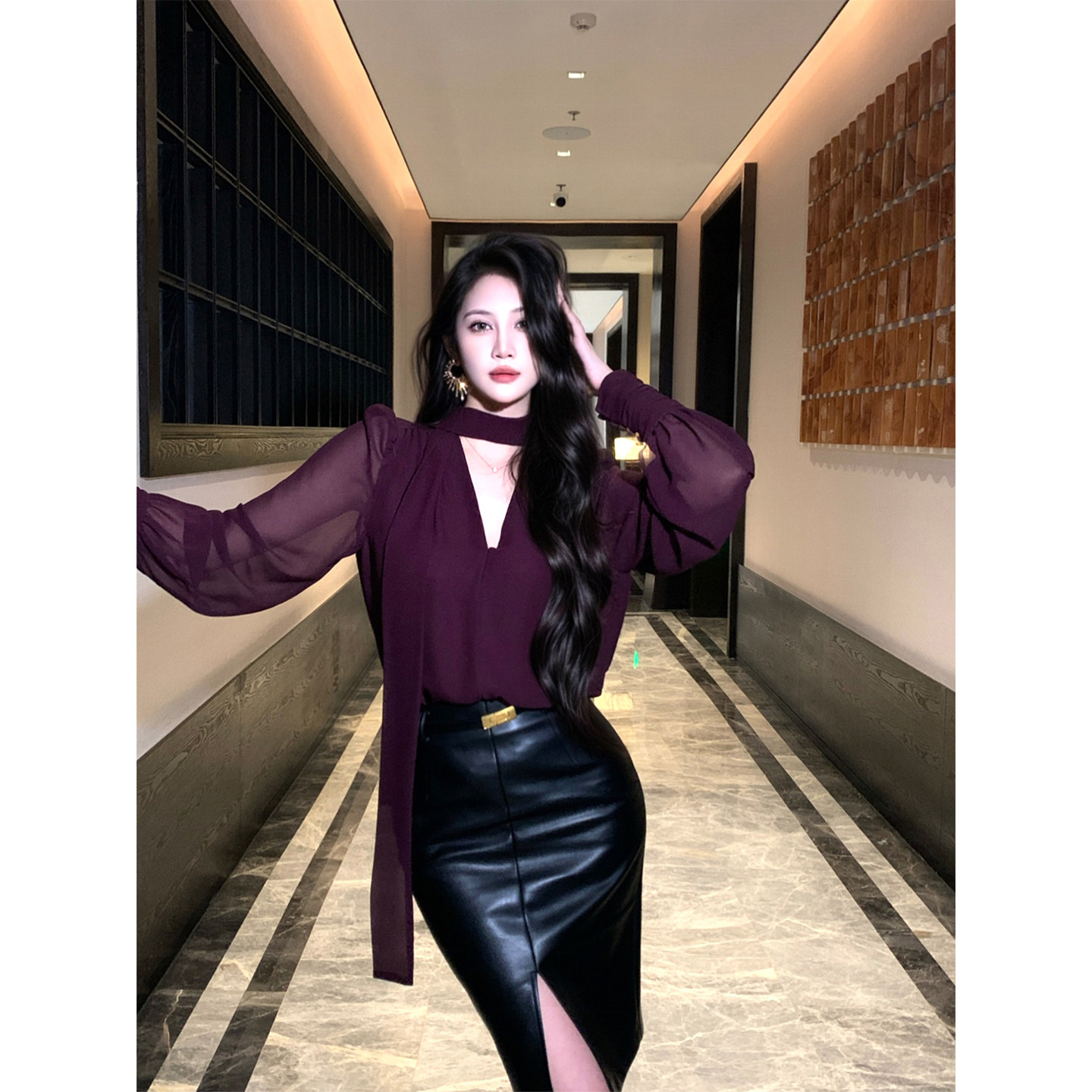 Jie Xiang [Yu Ye] Purple V-neck Chiffon Blouse for Women, Spring 2026, Loose Fit, French Style Shirt