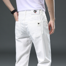 Summer high-end white jeans for men's 2024 new slim fit straight leg trendy brand casual pure cotton pants for men's long pants