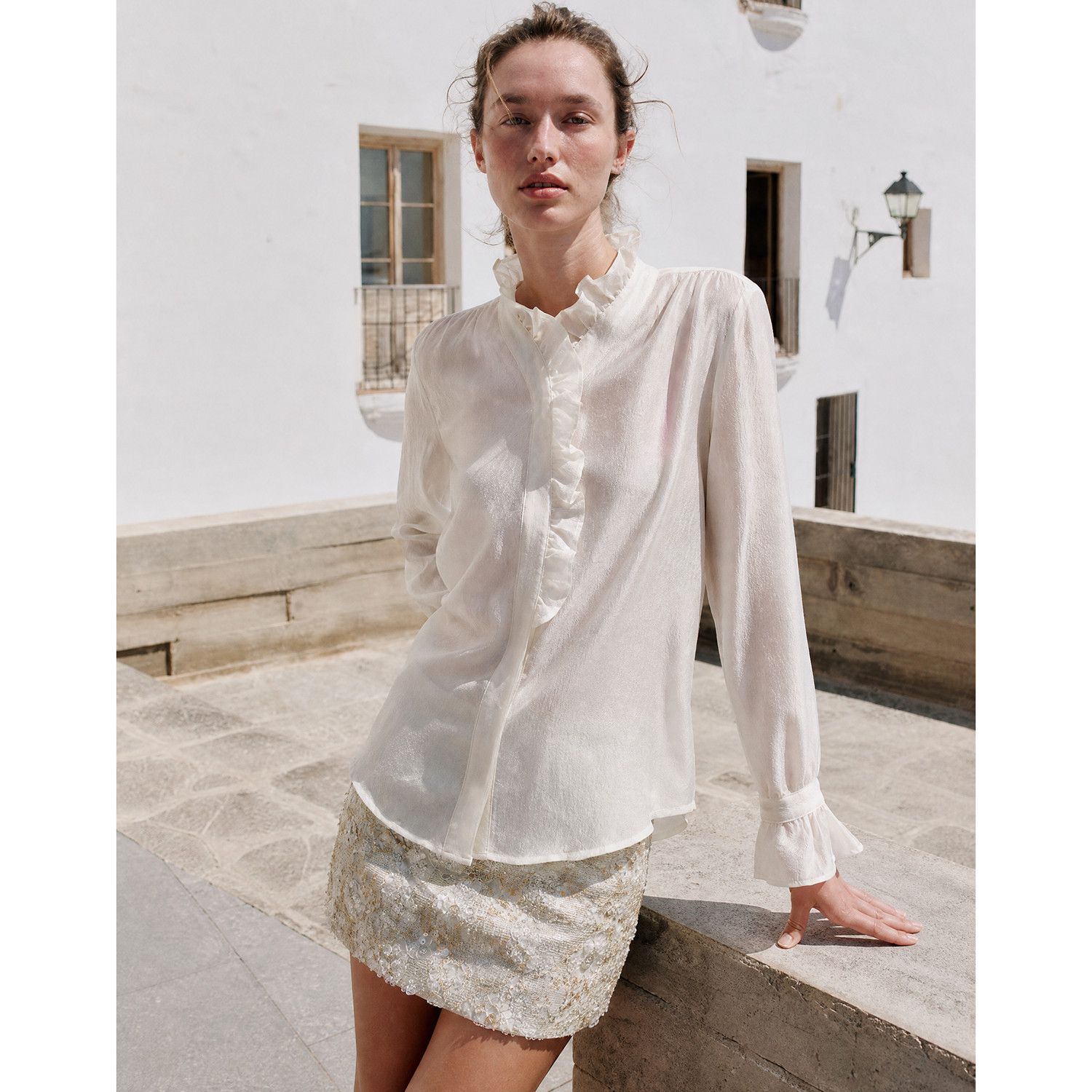 [Victorian Romance] High-end jacquard French-style lace collar, petal sleeves, and pleated shirt/blouse