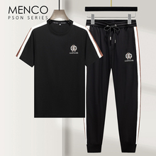 Mengkouqin series short sleeved casual set for men's summer black cotton trendy thin running and sports two-piece set