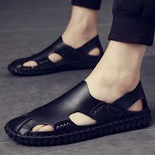 Men's Sandals Made of Genuine Leather, New Breathable and Versatile Casual Soft Sole Beach Shoes, Summer Outwear with Headband Hole Slippers