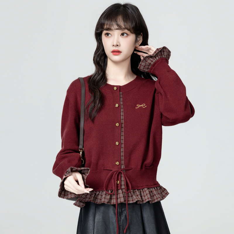 Красный поддельный вязаный кардиган из двух частей, женский весенне-осенний 2025, осенний новый клетчатый свитер с вышивкой, куртка, топ на талии