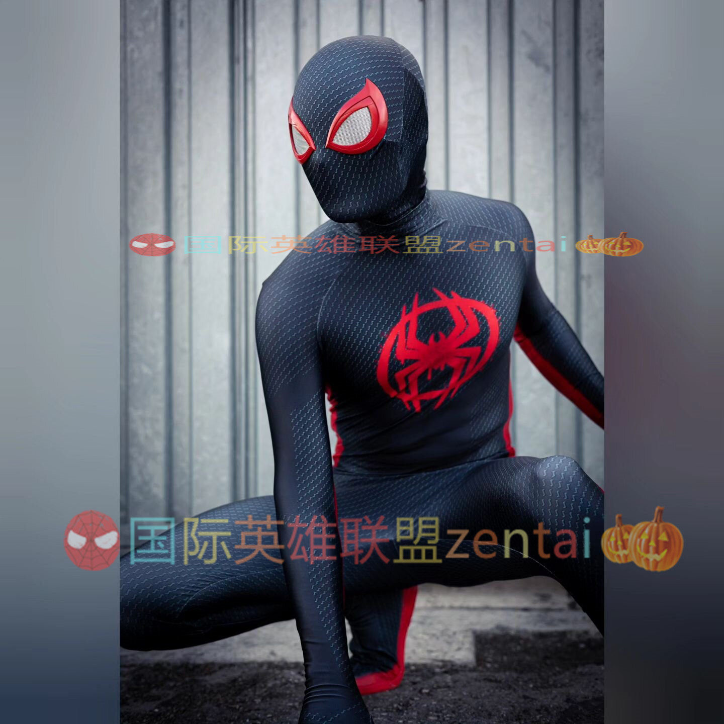 New Adult Mens Parallel Universe Little Black Spider Cosplay Spider-Man Miles Battle Suit One-piece Bodysuit