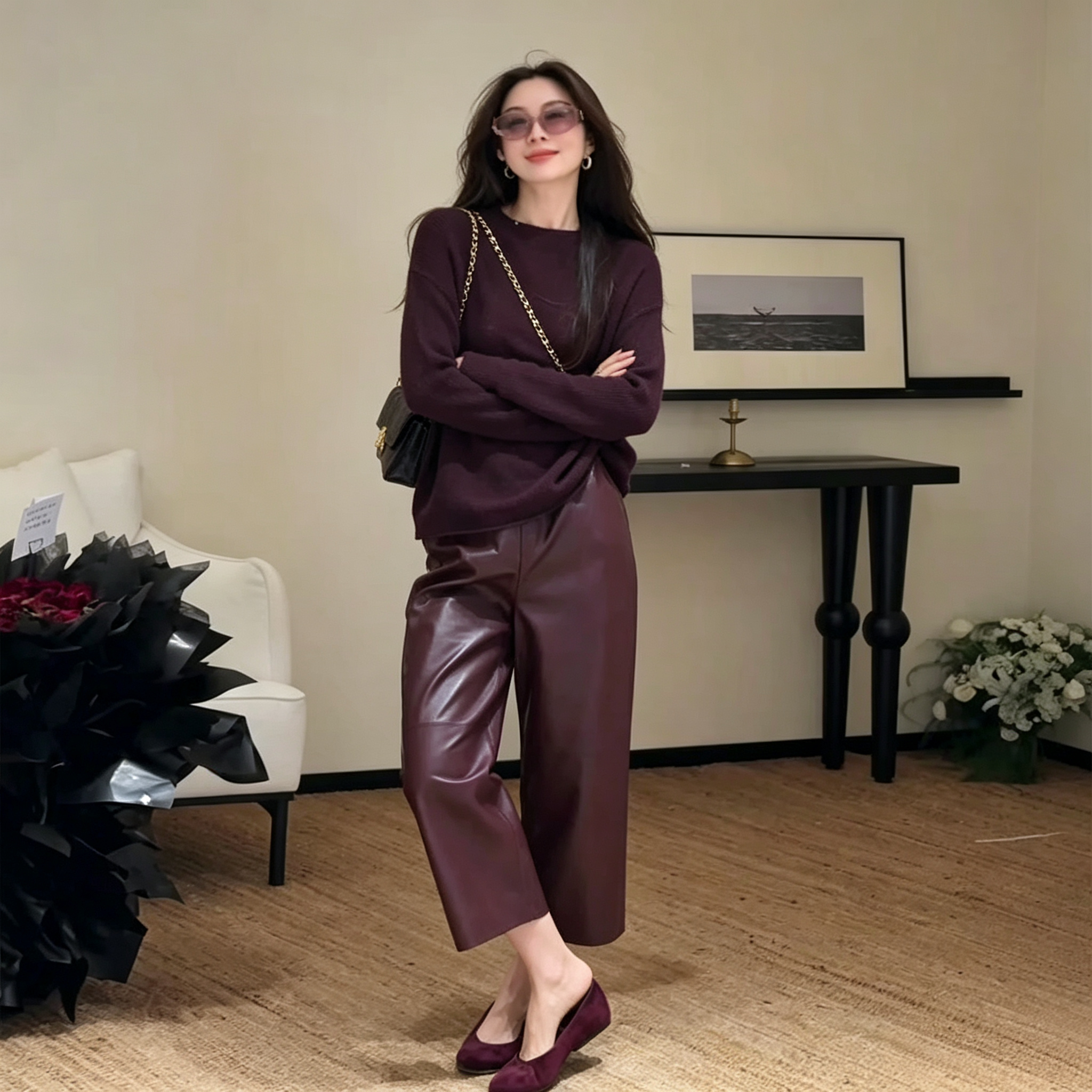 Модный костюм высокого класса sense of Maillard wear, женская осенняя корейская трикотажная блузка, уменьшающая возраст, широкие кожаные брюки, костюм-двойка