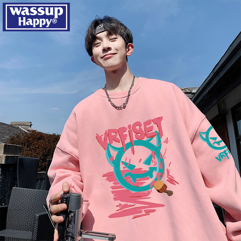 wassup happy小恶魔圆领卫衣男秋冬季潮牌宽松打底衫大码休闲外套