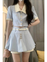 Sweet Cool Waist Top Pleated Skirt Two Piece Set