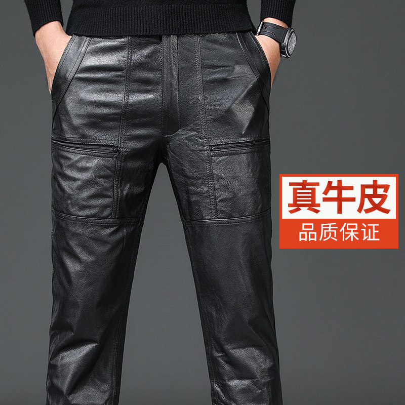 Haining leather кожаные брюки мужские из воловьей кожи первого слоя плюс бархатные утолщенные мотоциклетные мужские брюки на теплом меху one