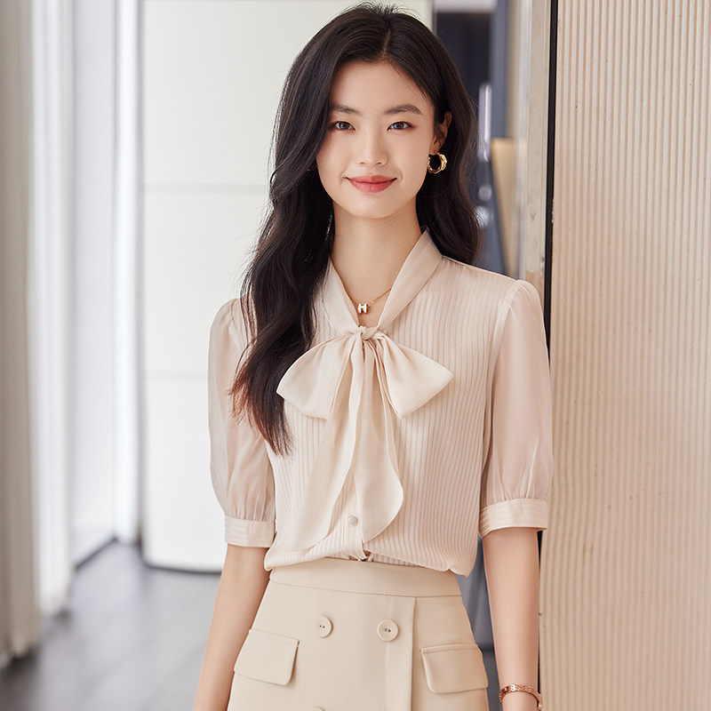 Chiffon Blouse Women's Short Sleeve Stylish Tie-Waist Top Chiffon Shirt 2026 New Summer White Shirt with Bow and Ribbon