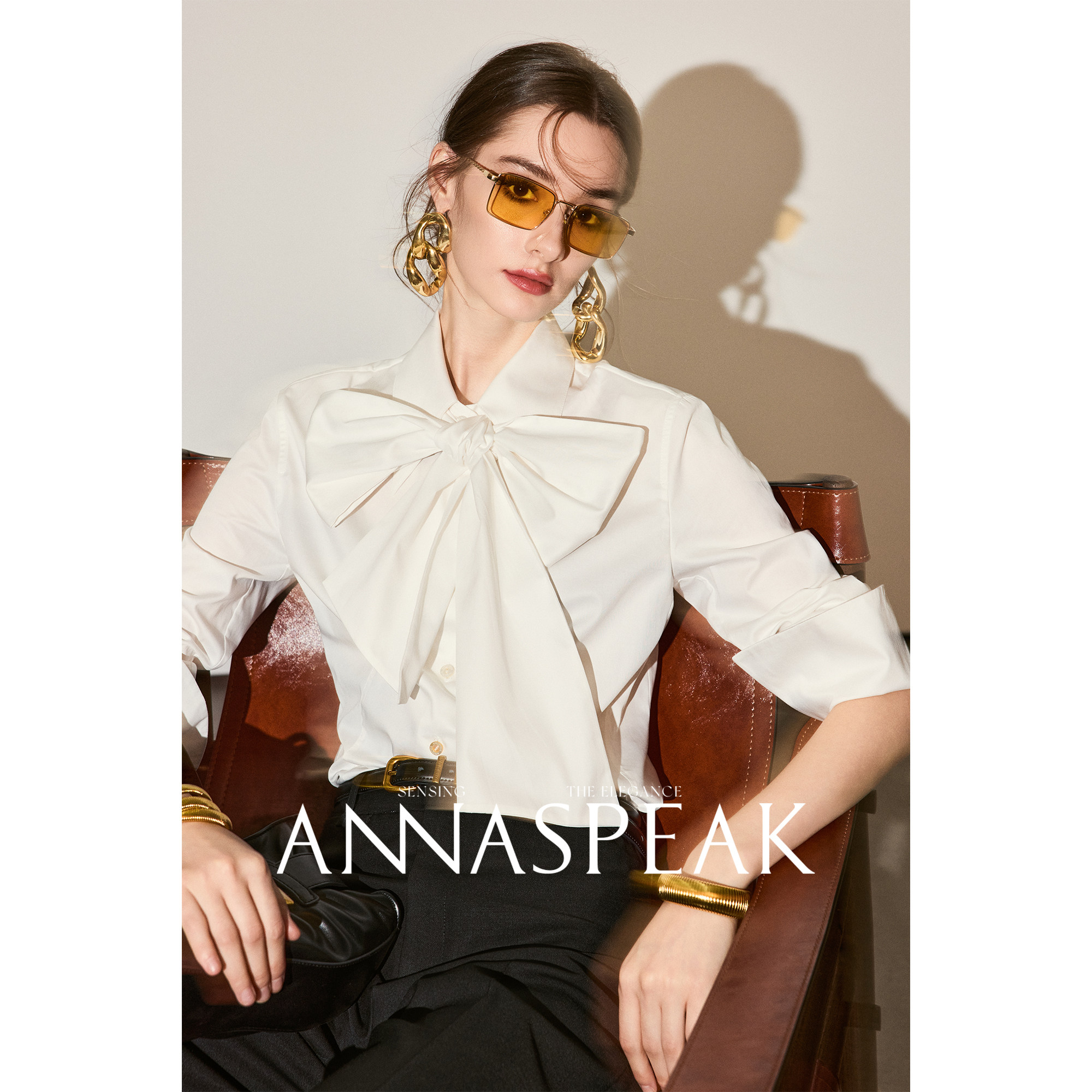 ANNASPEAK Zhang Liangying's Detachable French Bow Long-staple Cotton White Versatile Ribbon Shirt for Women