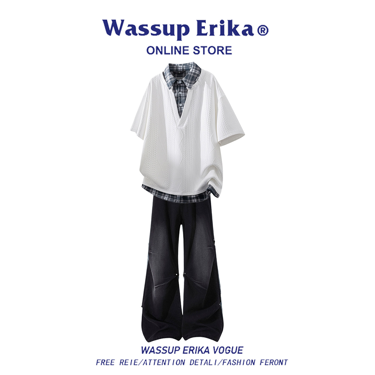 WASSUP ERIKA, американский модный бренд, повседневный костюм, мужская летняя футболка в стиле колледжа, свободная клетчатая футболка из двух частей
