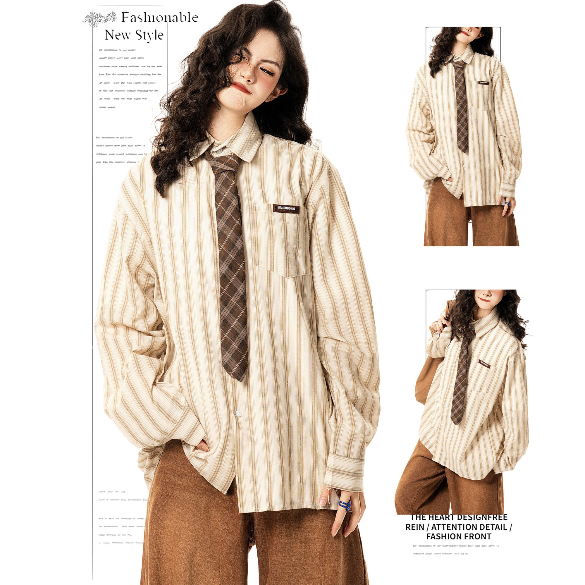 DUSK American Retro Vertical Striped Shirt Women's Loose Fit Preppy Style Versatile Spring Summer Autumn Niche Long Sleeve Shirt Top