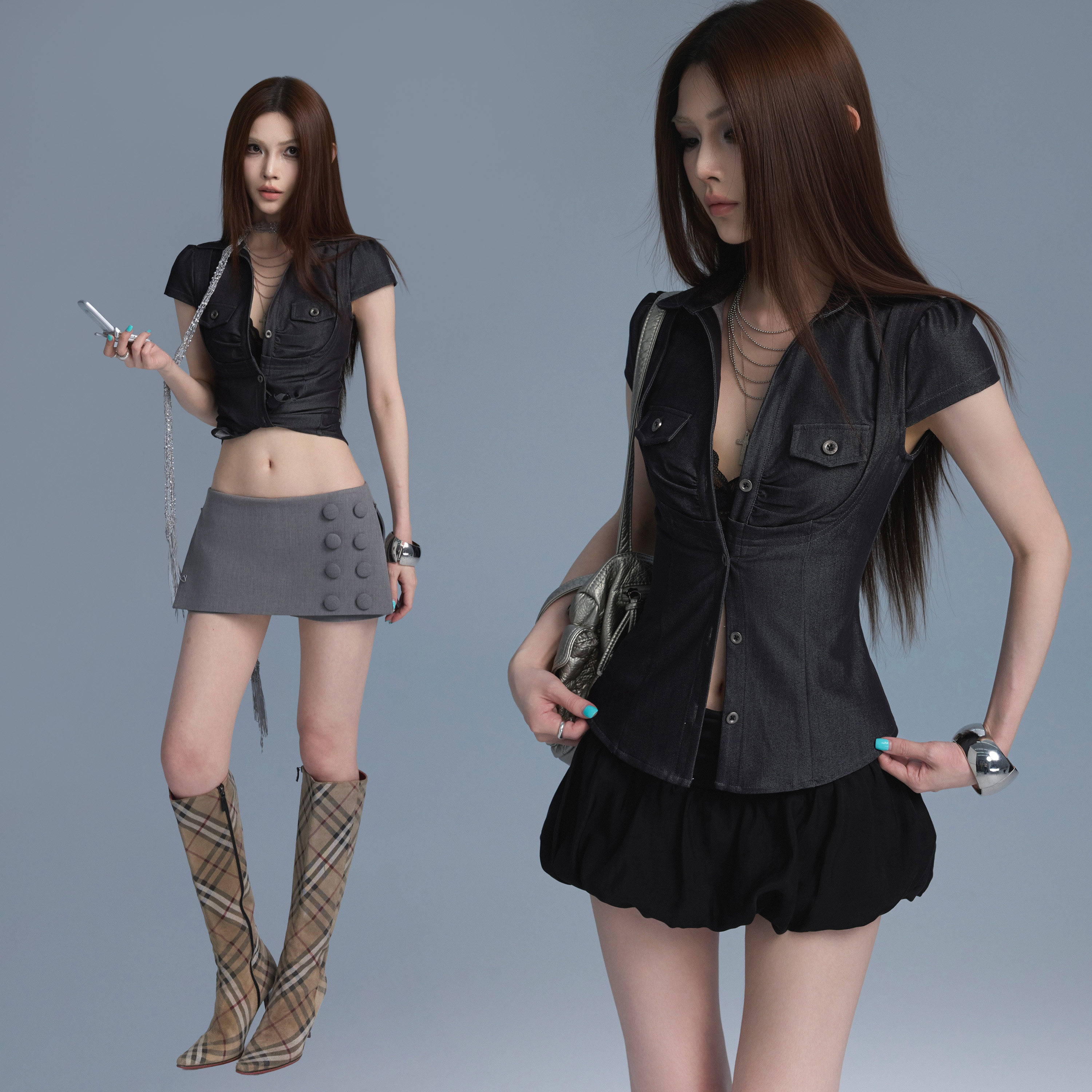 Common IN0120 Slim Waist Fit - Hot Girl Faux Denim Slim Waist Puff Short Sleeve Top with Gathered Pleats