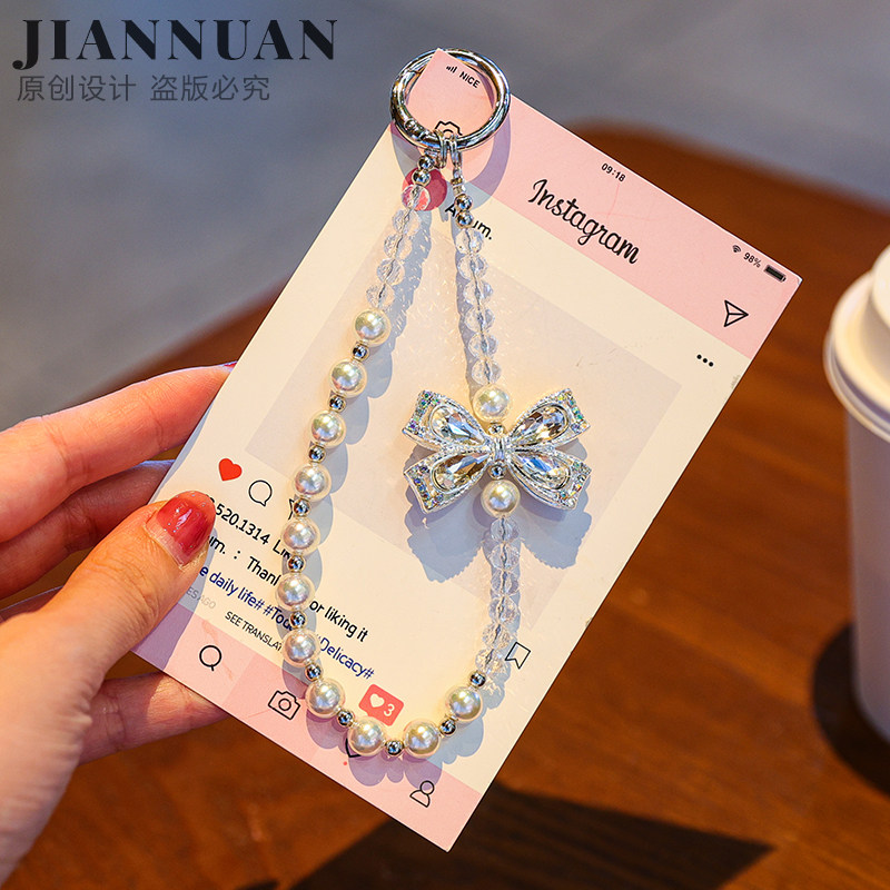 Heidi Pearl Sparkling Phone Charm Crystal Bow High-End Short Chain Rope Bag Hanger 2025 New Style Shimmering Charm Fairy Must-Have Super Sparkling Pearl Phone Case Charm Phone Chain