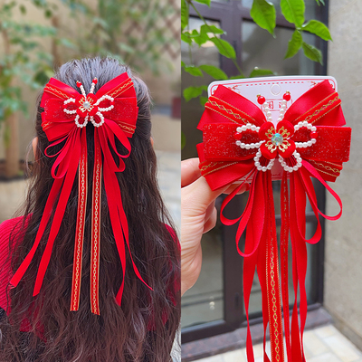 taobao agent 儿童发夹珍珠蝴蝶结飘带流苏小女孩红色汉服新年头花发卡春节拜年
