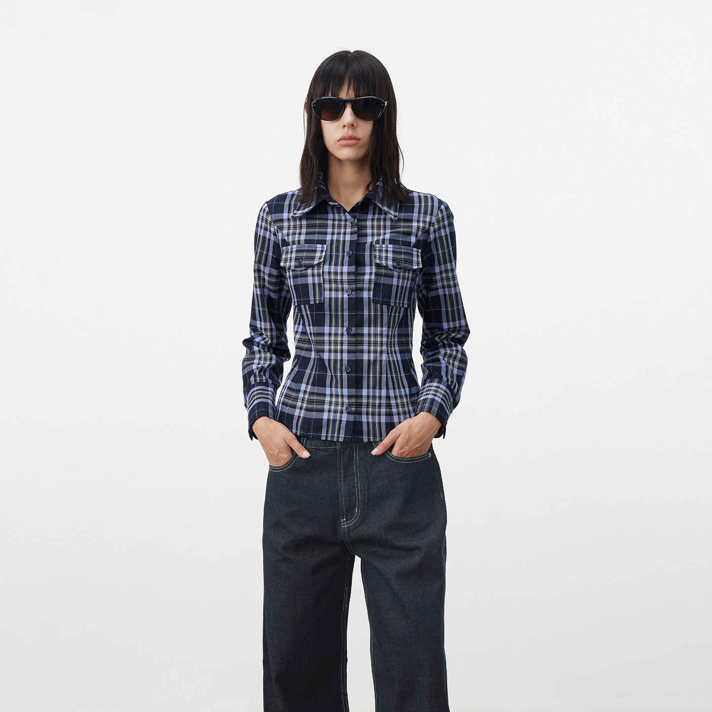 AFTADAWN Classic Color-Blocked Check 3D Oversized Pocket Fitted Shirt Top