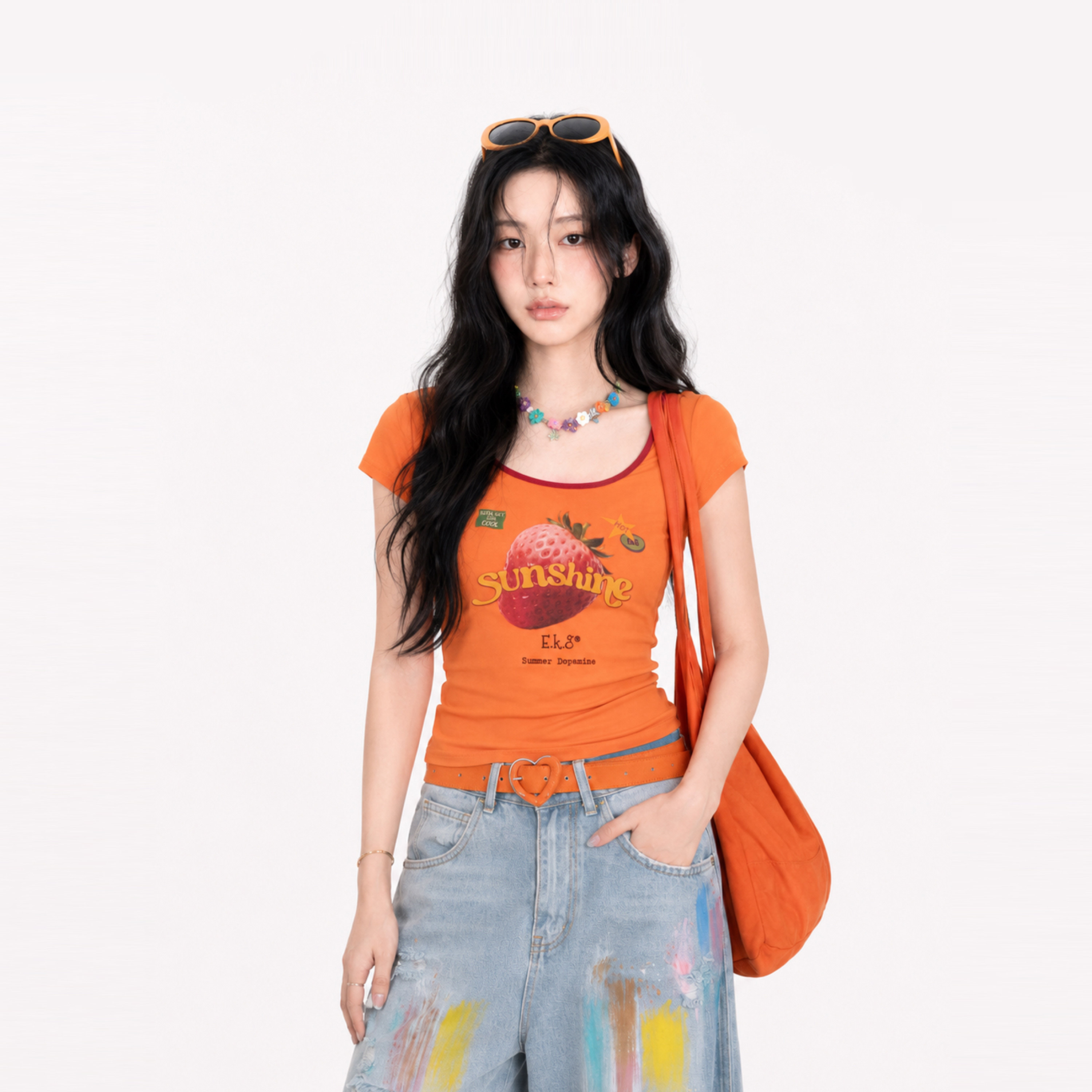 [Living off past savings] Summer Dopamine Orange Strawberry Short-Sleeve T-Shirt for Women...