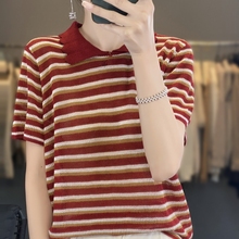 Doll neck hollow knit short sleeved t-shirt for women's 2024 summer new age reducing striped loose fitting half sleeved top