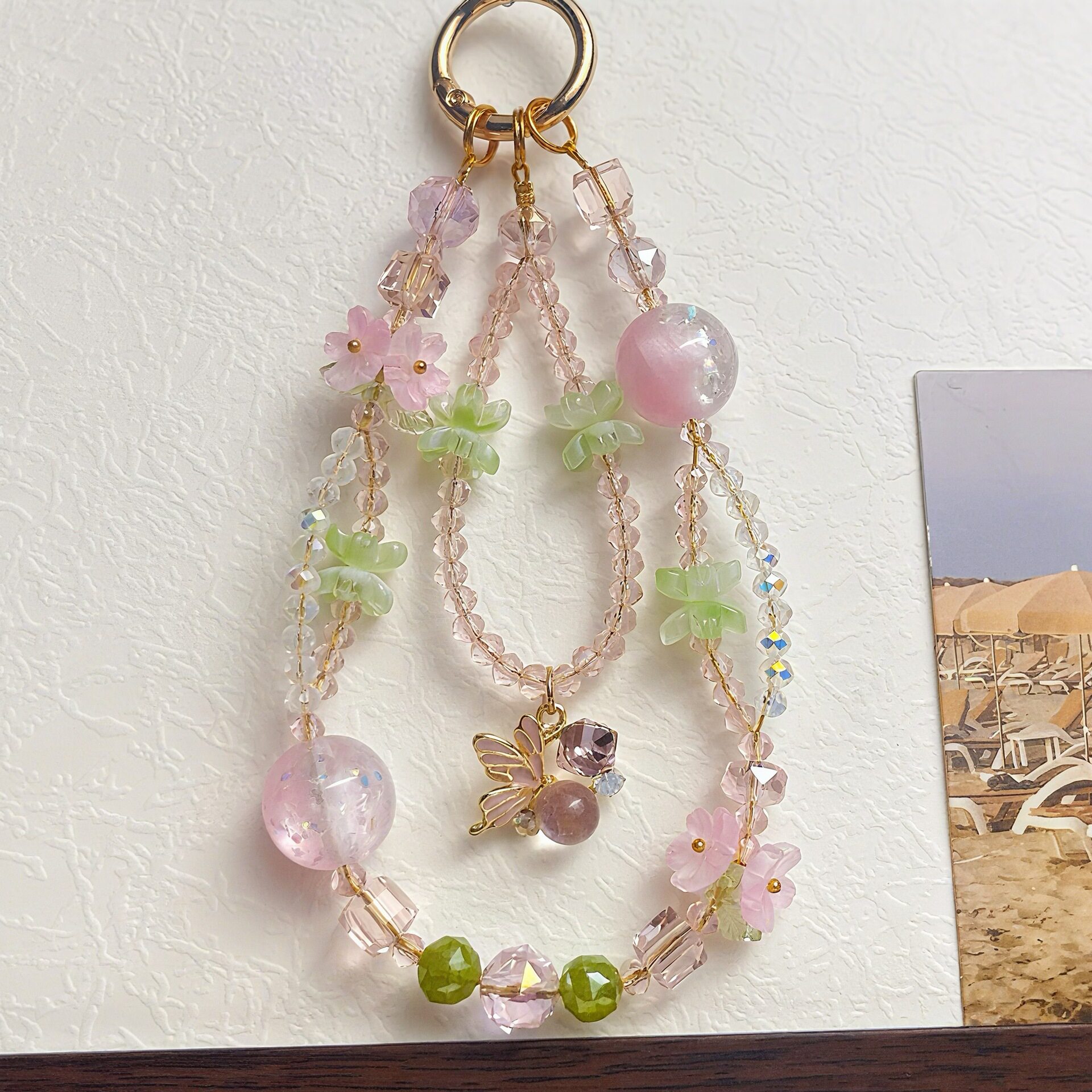 New Spring Cherry Blossom Glass Luxury Heavy-Duty Optical Glowing Flower Beaded Phone Chain - Super Beautiful, Light Luxury, Niche, Exquisite, High-End Women's Wristband Fashion Apple Phone Chain Pendant
