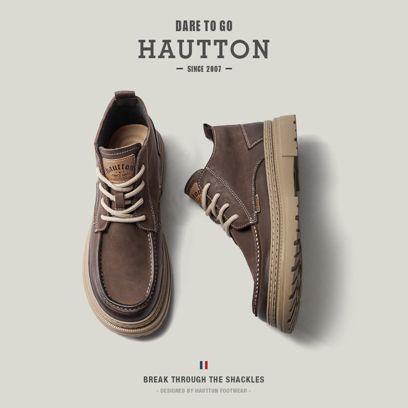 Ботинки HauttonJeans Martin; мужские ботинки на толстой подошве; сезон осень-зима; бархатные полусапожки из кожи в стиле ретро со средним вырезом.