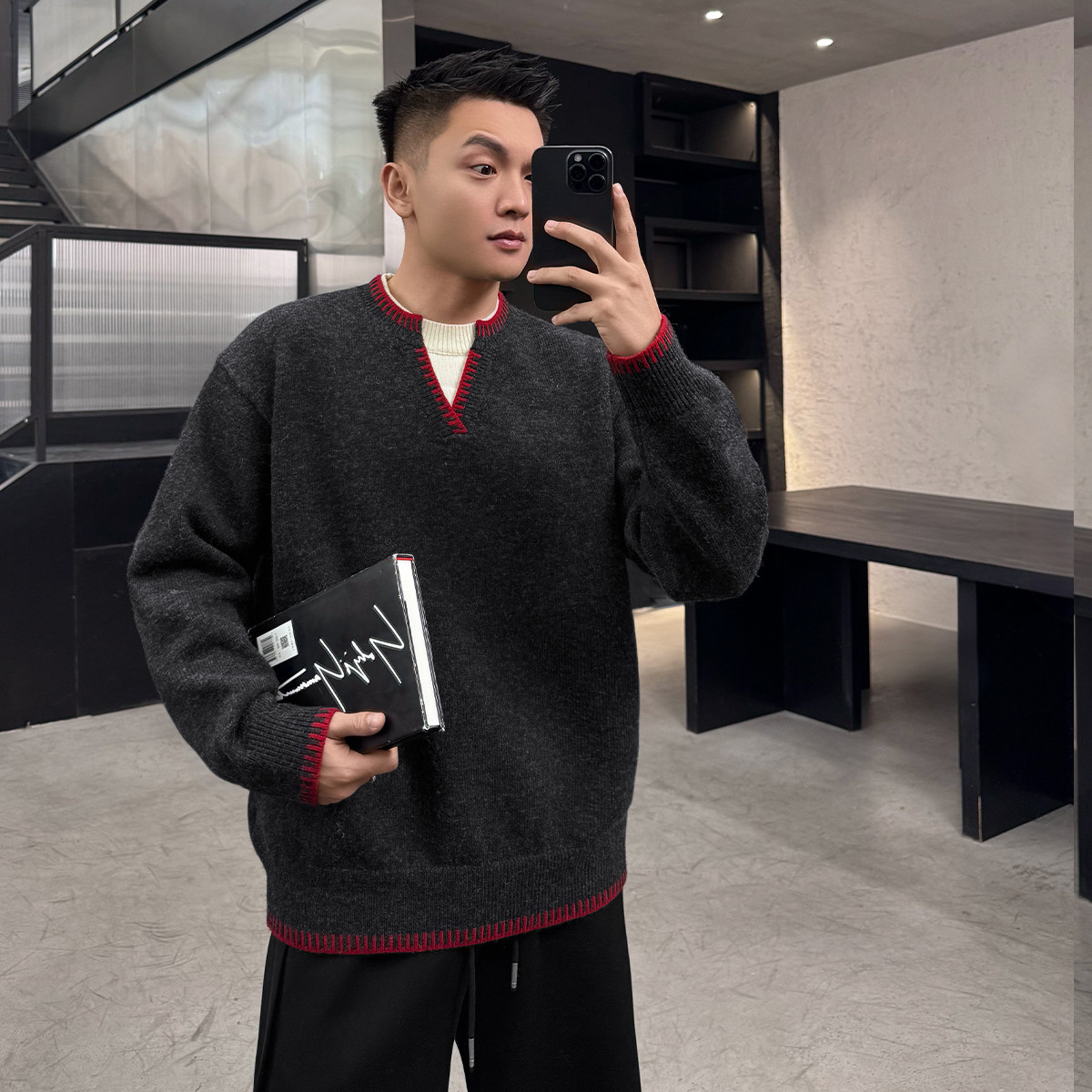 Мужской зимний свитер с V-образным вырезом из смеси шерсти Twenty-two wear, подходящий по цвету, теплый искусственный свитер-двойка с длинными рукавами