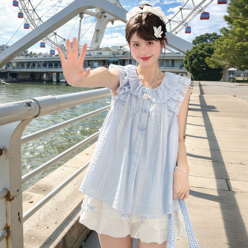 Forest Womens Tribe Original Blue Doll Neck Small Shirt Sweet and Cute Sleeveless Loose Shirt Summer New Womens