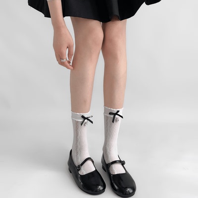 taobao agent 夜间教习室玛丽珍袜子女秋款蕾丝蝴蝶结带钻花边袜薄款白色中筒袜