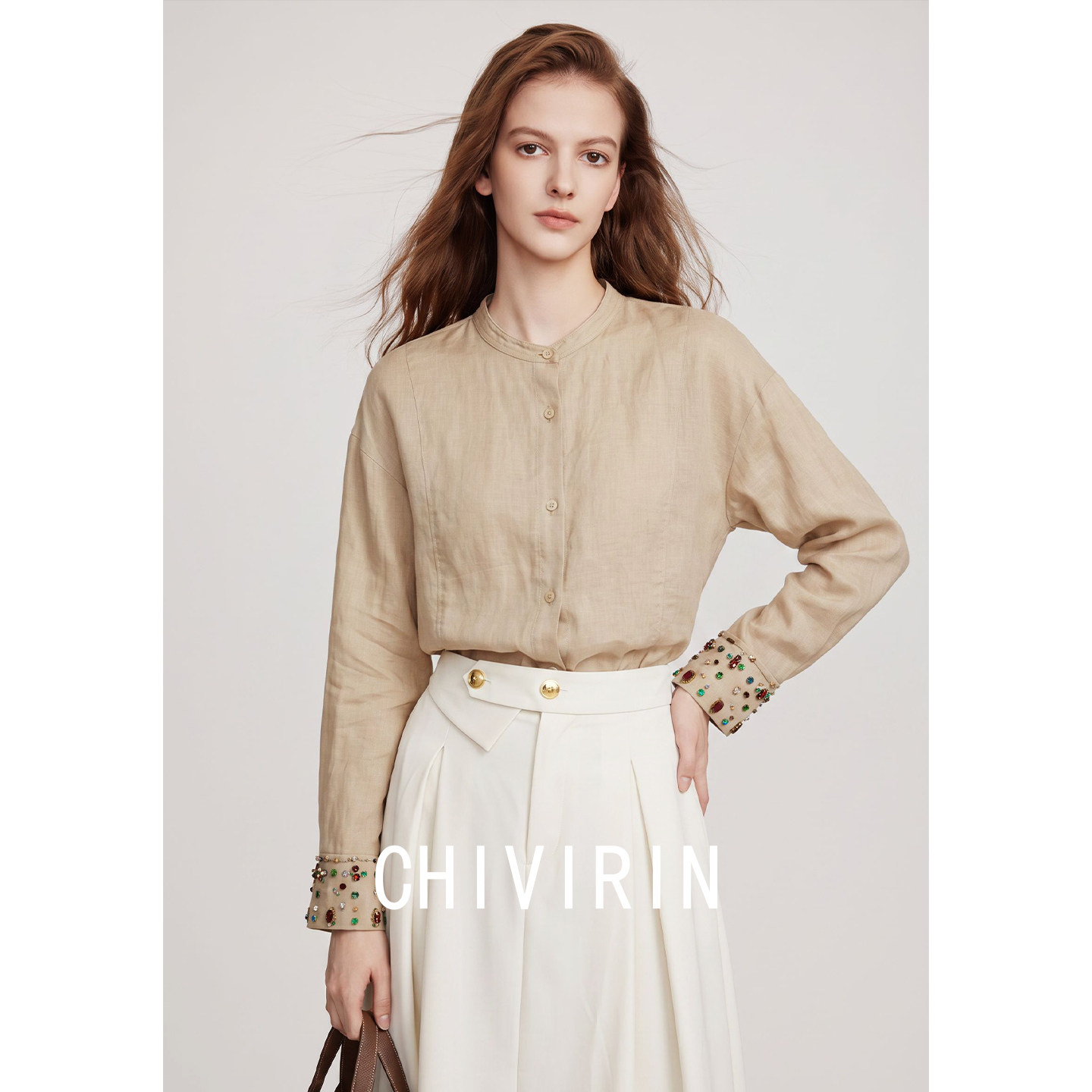 Women's 2026 Summer and Autumn New Style Lyocell Simple Long-Sleeved Shirt with Rhinestone Embellished Design