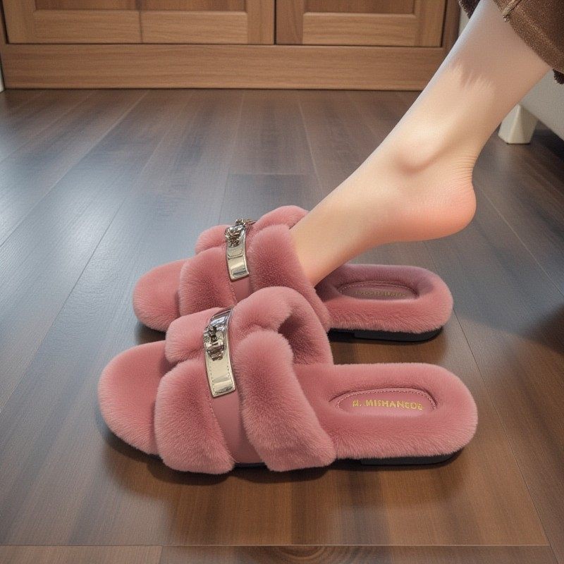 【Rabbit Fur】Women's Autumn/Winter New Style Furry Slippers, Flat and Soft Sole, French Style, Exquisite Maternity Slippers