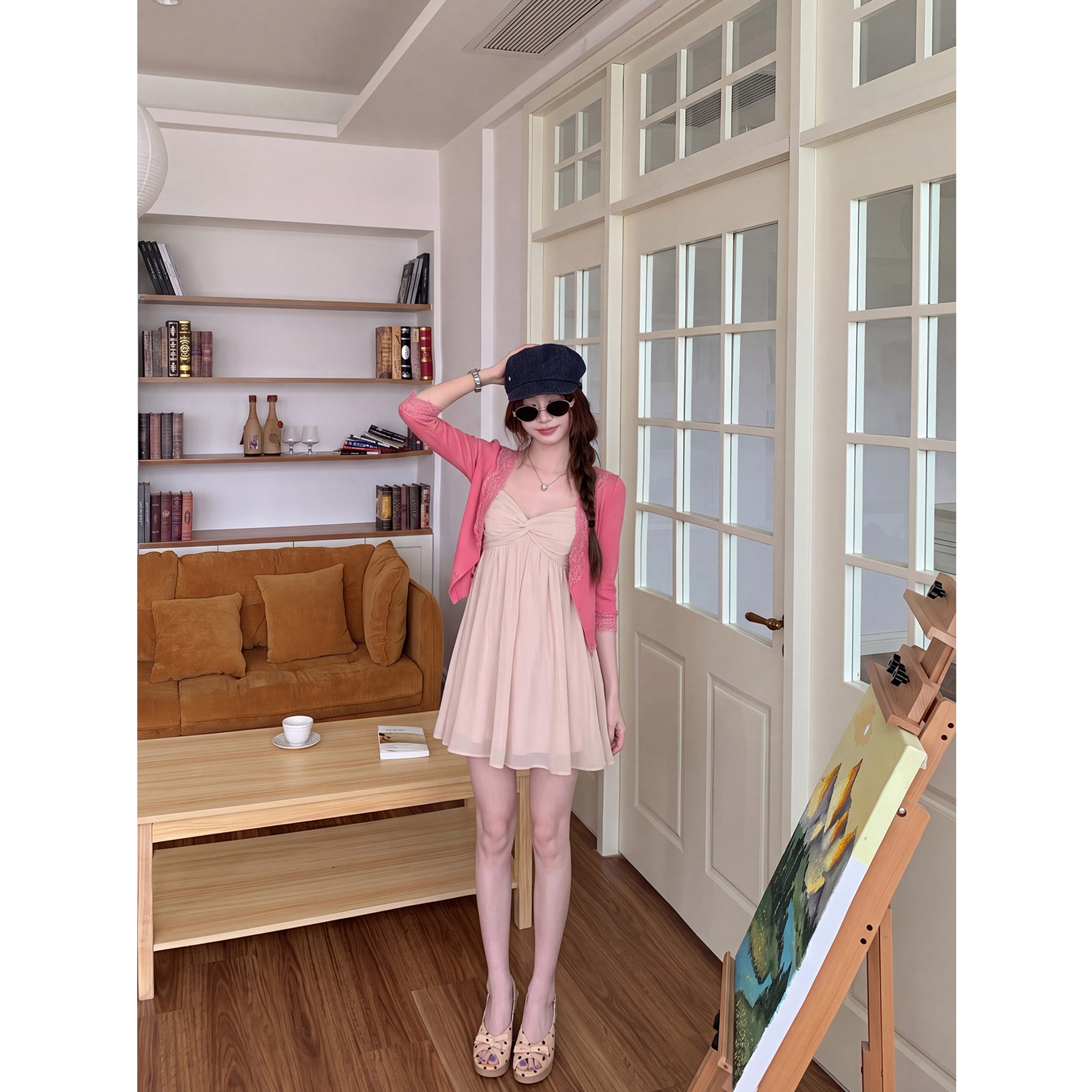 Lace-trimmed cardigan jacket and two-piece summer dress set for women
