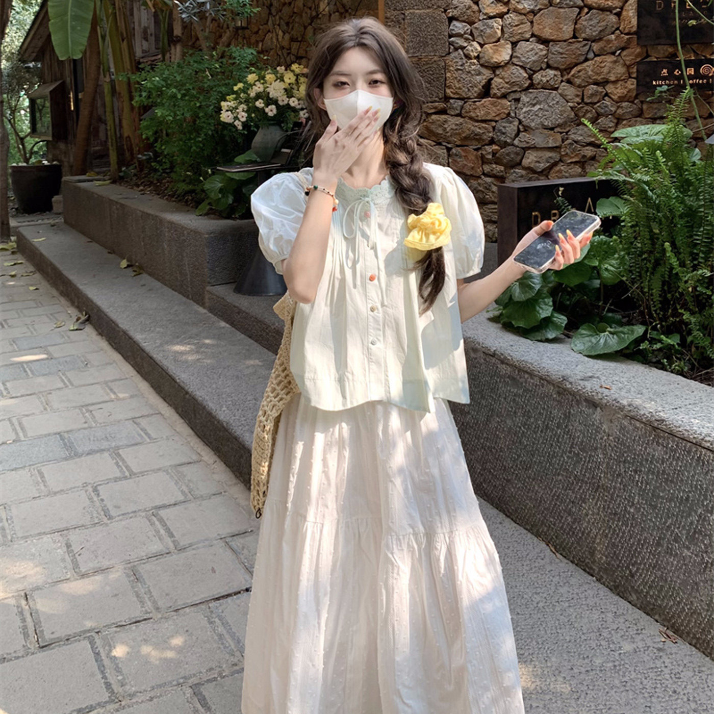 15初中学生甜美套装夏季13少女15初中学生泡泡袖衬衣半身裙两件套