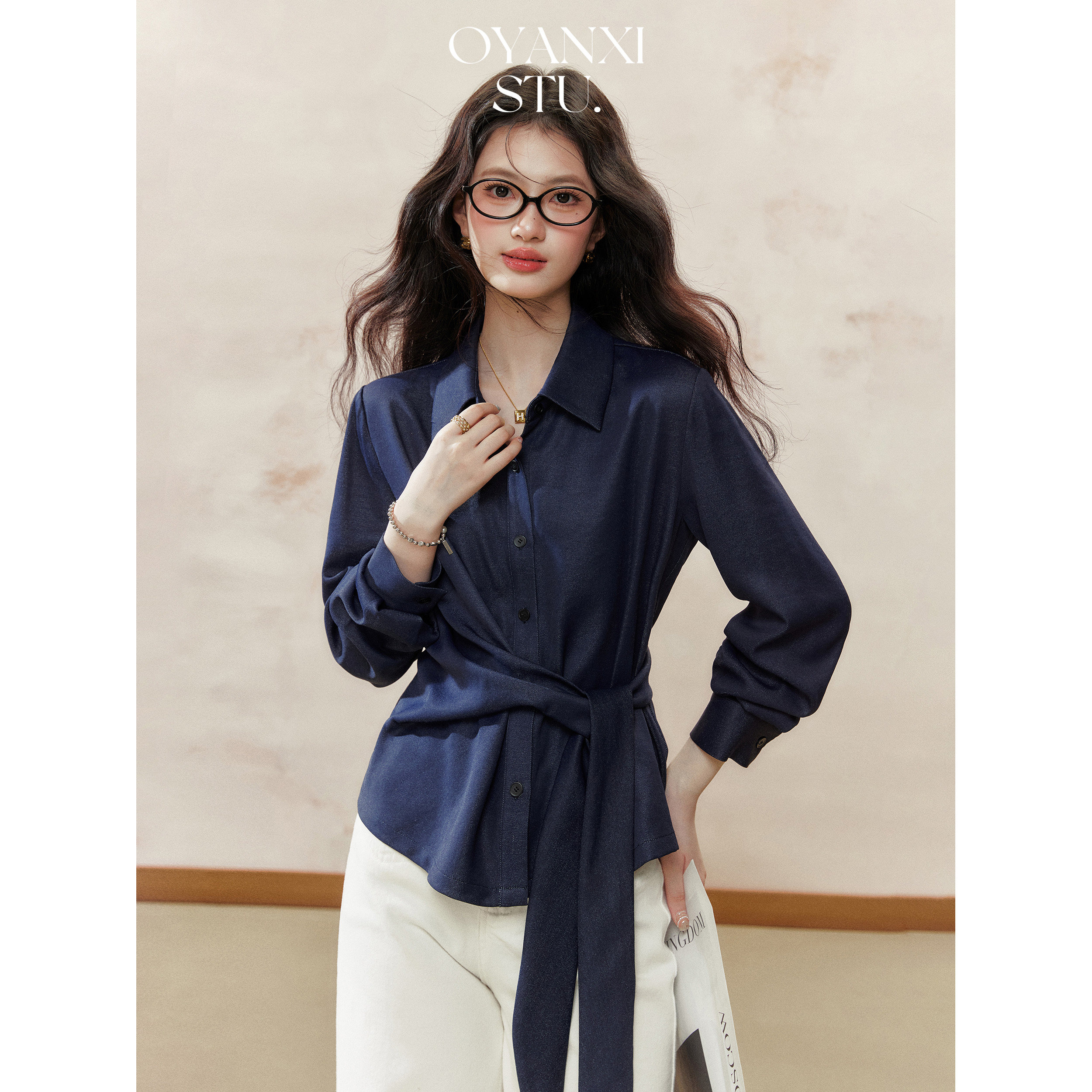 Ouyang happy's "Elegant Cowboy" Spring Design: Irregular Tie-Waist Long-Sleeved Shirt